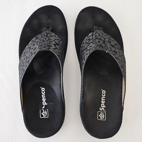 spenco new port sandals 8w black chretah flip flop arch support - Picture 1 of 5